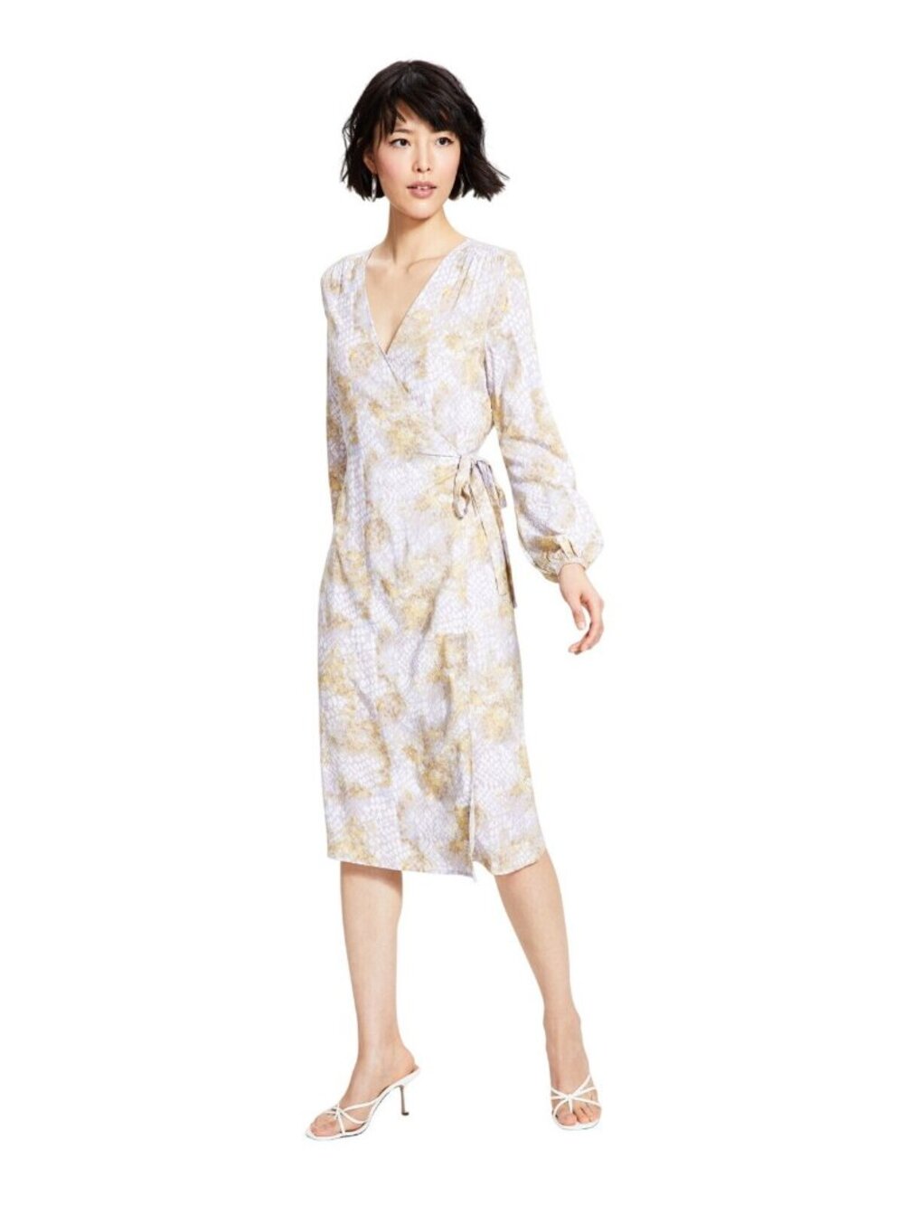 NWT Tinsel Midi Snake Print Balloon Sleeve Wrap Dress MYPD017541 Gray Multi PXL
